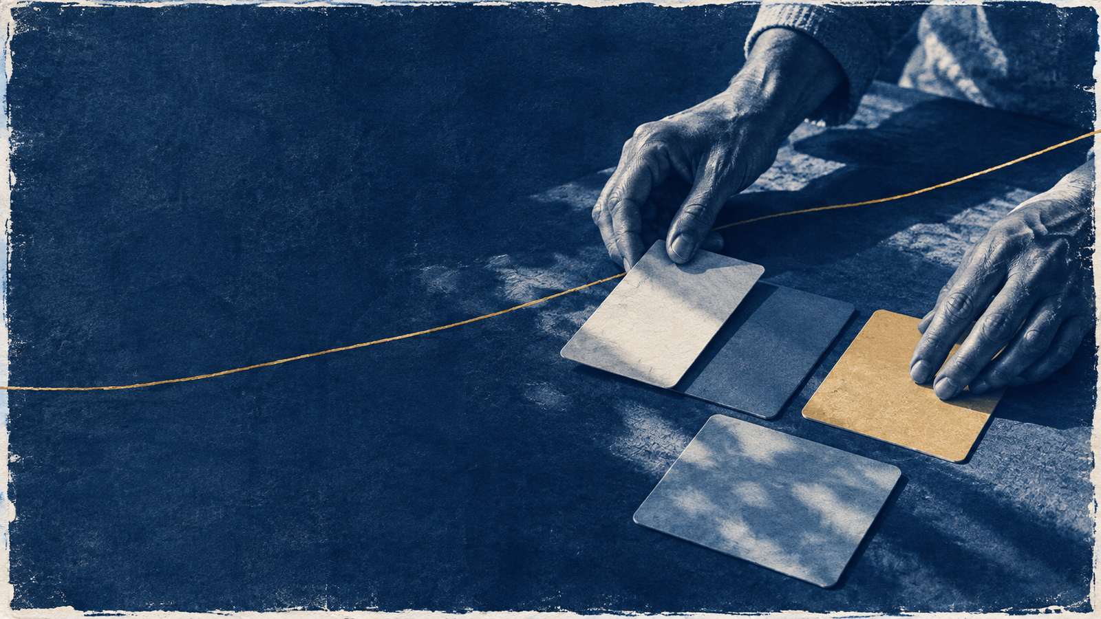 Cyanotype image of hands arranging plain cards across deep blue paper